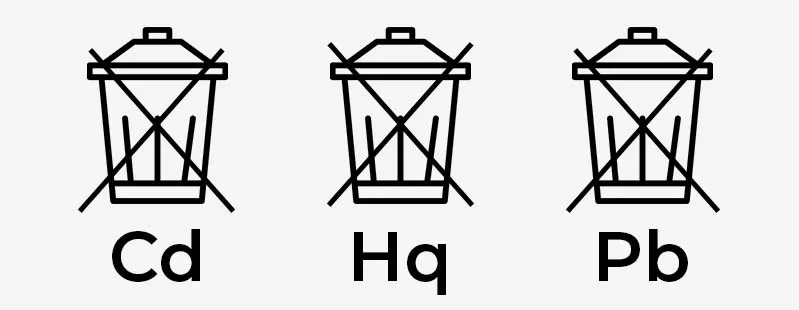 Drei durchgestrichene Mülleimer-Symbole mit den chemischen Abkürzungen Cd, Hg und Pb auf weißem Hintergrund, technische Darstellung.