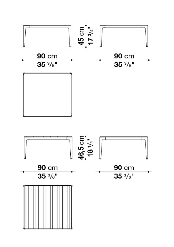 B&B Italia Mirto Outdoor Loungetisch 90x90 cm mit Tischplatte aus Aluminium oder Iroko technische Zeichnung mit Maßen