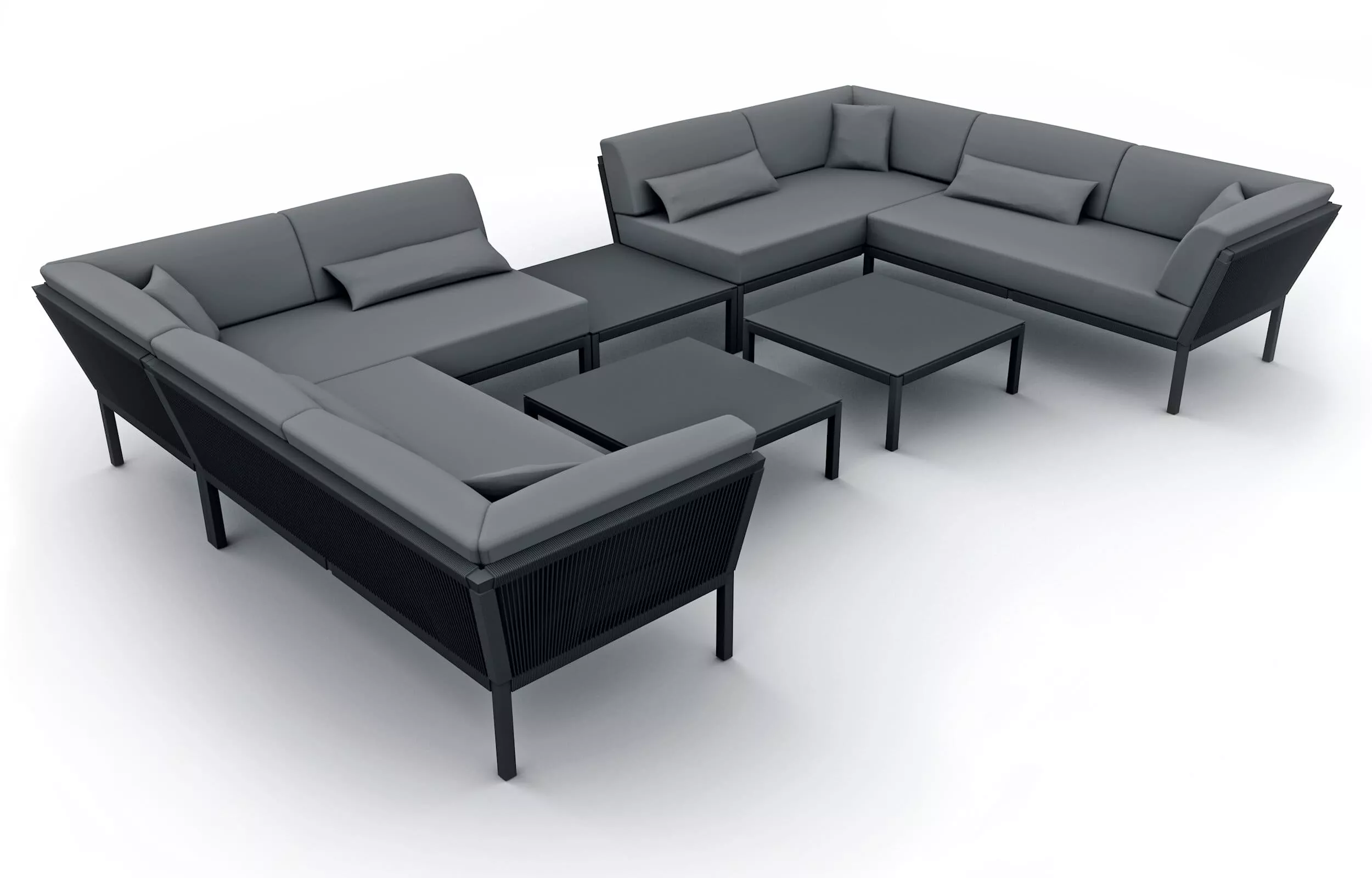 Solpuri Club Arrangement 6 zeigt eine moderne graue Outdoor-Sofagarnitur mit Kissen und Tischen auf weißem Hintergrund