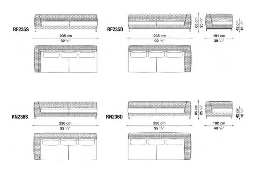 B&B Italia Ray Outdoor Loungesofa Endmodul links 235 cm x 101 cm technische Zeichnung mit Maßen und Ansichten