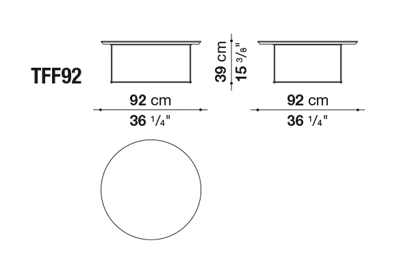 Technische Zeichnung des B&B Italia Fat-Fat Beistelltischs mit einem Durchmesser von 92 cm und einer Höhe von 39 cm