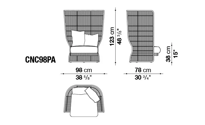 Technische Zeichnung des B&B Italia Canasta 13 Outdoor Gartensessels mit hoher Rückenlehne und den Maßen 98 cm Breite und 123 cm Höhe