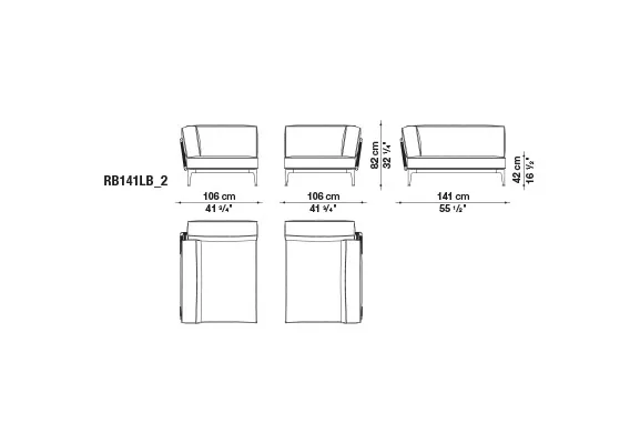 Technische Zeichnung des B&B Italia Ribes Chaiselongue Moduls mit den Maßen 106 cm und 141 cm in der Breite und 82 cm in der Höhe