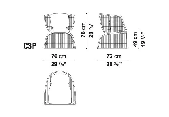 Technische Zeichnung des B&B Italia Crinoline Outdoor Sessels mit Polyethylenfasergeflecht und den Maßen 76 cm Höhe 72 cm Breite und 49 cm Tiefe