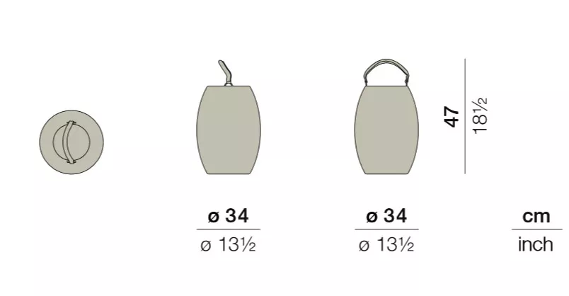 Technisches Datenblatt der Dedon Dala Laterne mit 34 cm Durchmesser und 47 cm Höhe in verschiedenen Ansichten und Maßen in cm und inch