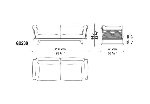 Technische Zeichnung des B&B Italia Gio Loungegruppe Gartensofas mit den Maßen 238 cm Breite 84 cm Höhe und 98 cm Tiefe.