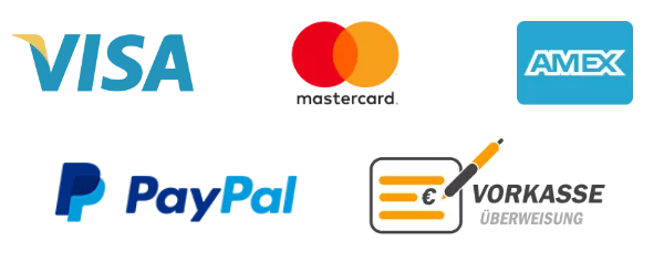 Zahlungslogos von Visa, Mastercard, American Express, PayPal und Lastschriftverfahren auf weißem Hintergrund.
