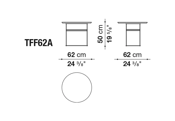 Technische Zeichnung des B&B Italia Fat-Fat Beistelltischs mit den Maßen 62 cm Durchmesser und 50 cm Höhe.
