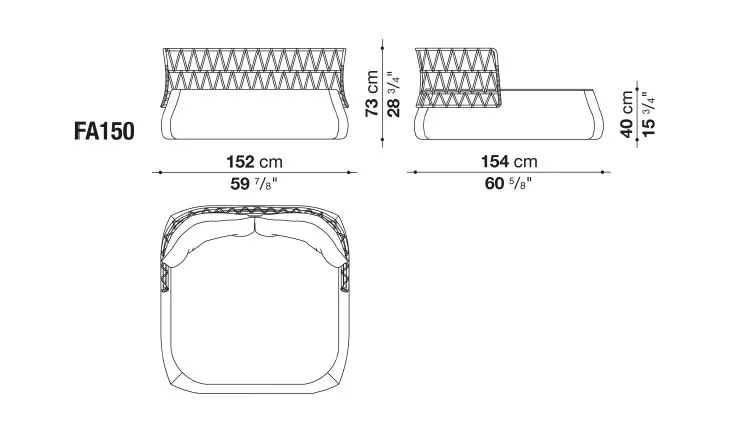 Technisches Datenblatt des B&B Italia Fat Gartensofas 152 cm mit Abmessungen und Seitenansichten