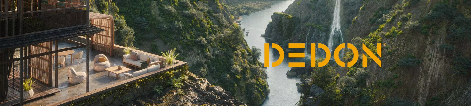 Außenbereich mit DEDON-Möbeln auf einer Terrasse mit Blick auf eine Schlucht und Wasserfall, stimmungsvolle Naturkulisse.