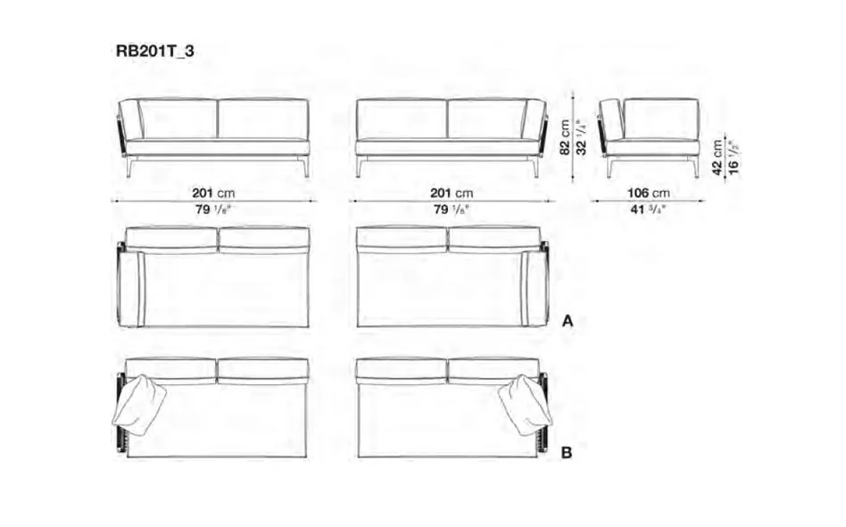 Technische Zeichnung des B&B Italia Ribes Loungesofa Endmodul links Gartensofa mit den Maßen 201 cm Breite 82 cm Höhe und 106 cm Tiefe