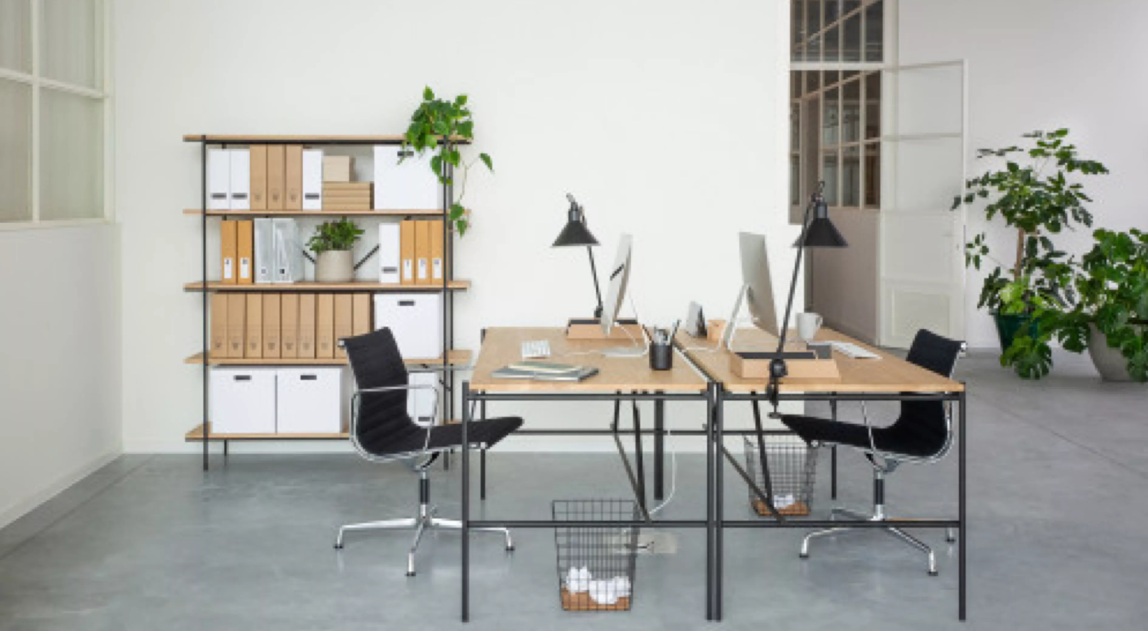 Zwei schwarze Vitra Bürostühle vor einem Holztisch in einem modernen Büro mit Pflanzen und Regalen im Hintergrund.