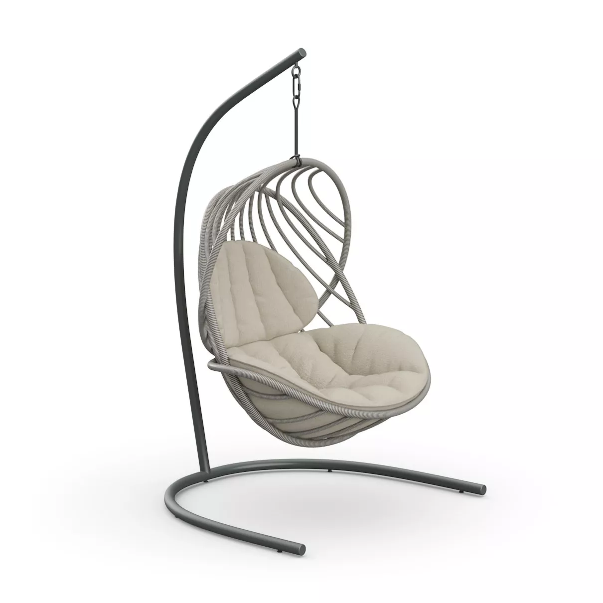 Dedon Kida Hängesessel mit beigem Kissen auf einem grauen Gestell ohne Hintergrund