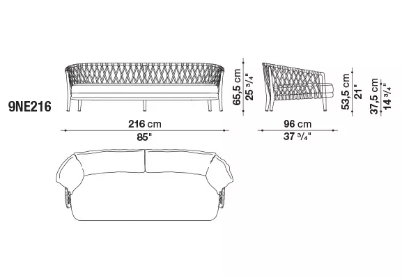 B&B Italia Erica 19 Outdoor 3-Sitzer Sofa 216 cm technische Zeichnung mit Maßen und Ansichten von vorne seitlich und von oben