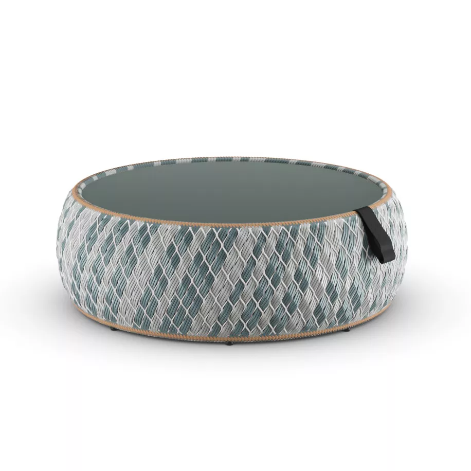 Dedon Dala Kaffeetisch 96 cm in einem modernen Design mit geflochtenem Muster und Glasplatte ohne Hintergrund