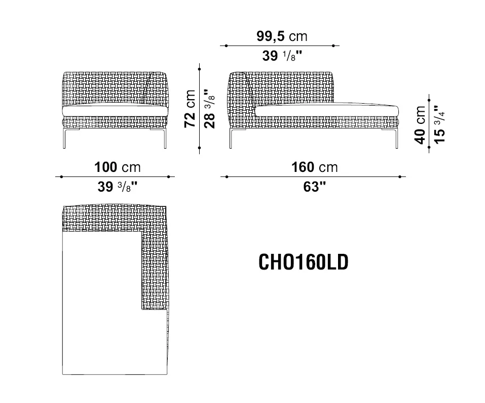 Technisches Datenblatt der Charles Outdoor Chaise Longue Element rechts 160 cm von B&B Italia mit Abmessungen und Skizze der Gartenmöbel
