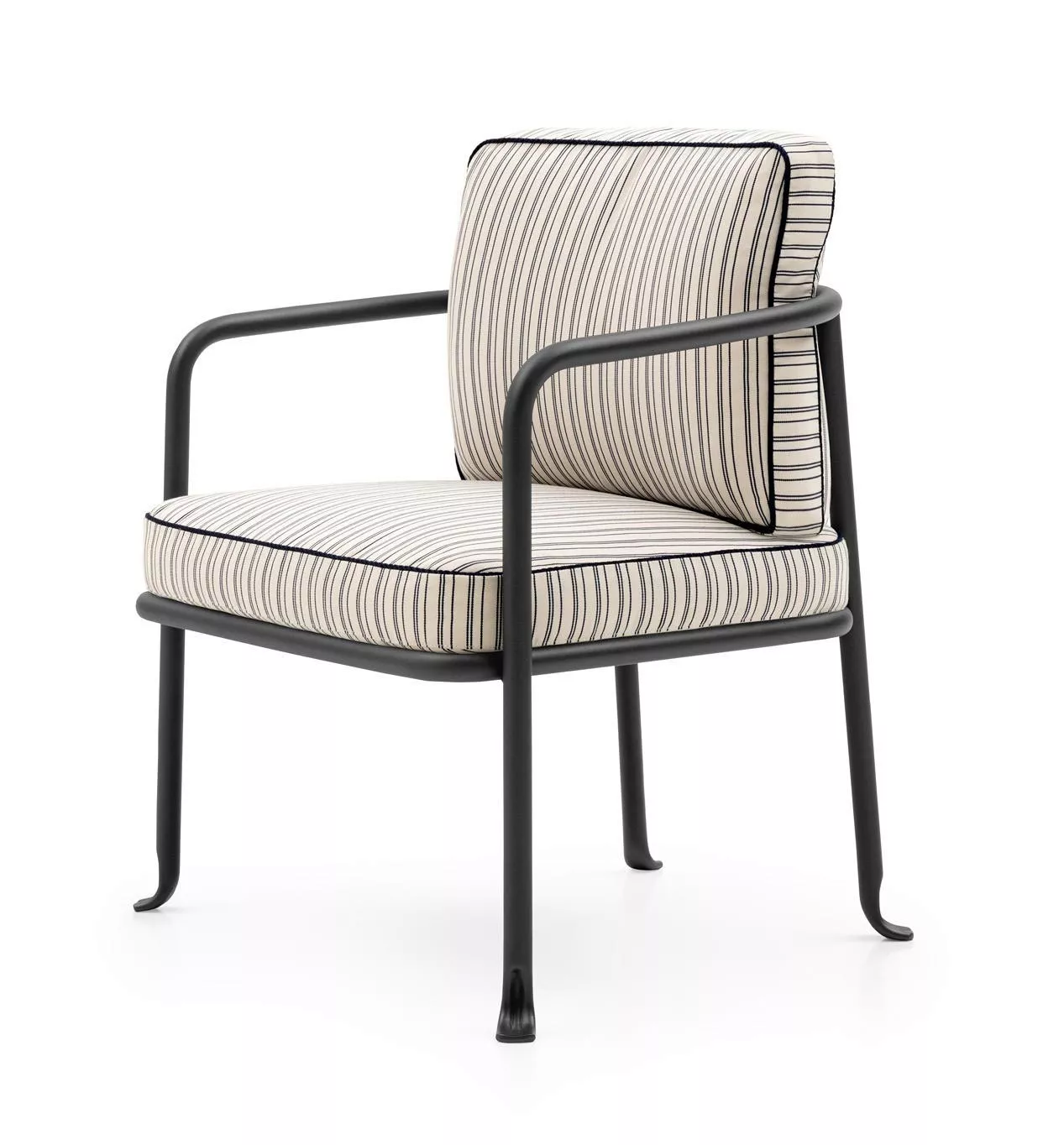 B&B Italia Borea Gartenstuhl Armlehnstuhl mit gestreiftem Polster und schwarzem Gestell ohne Hintergrund