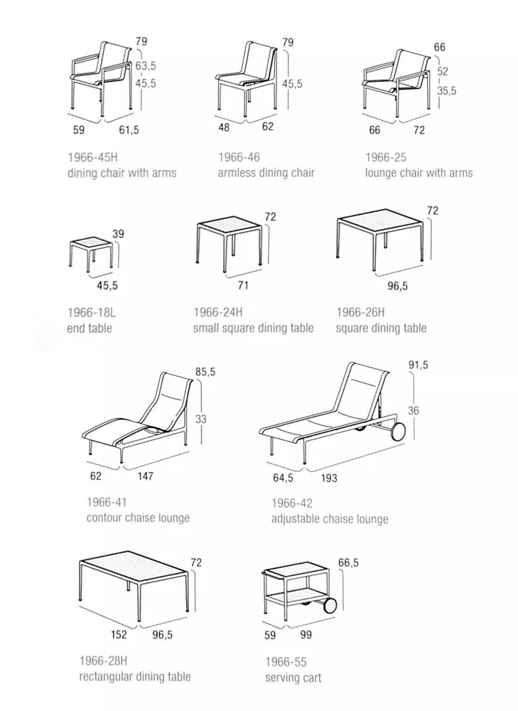 Technisches Datenblatt der Knoll Studio 1966 Collection mit Abbildungen und Maßen von Stühlen Tischen Liegen und einem Servierwagen