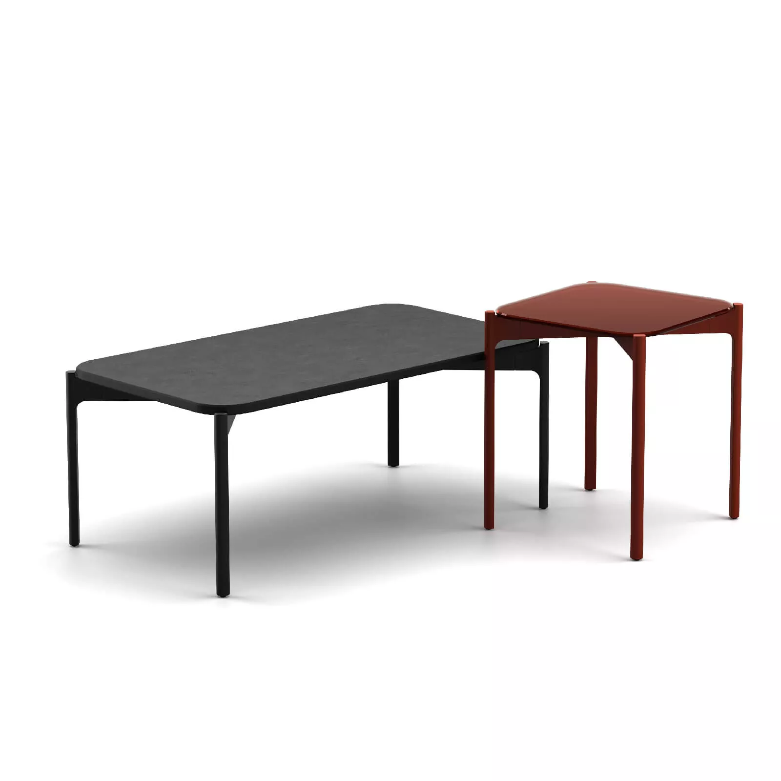 Dedon Izon Kollektion zeigt zwei moderne Tische in Schwarz und Rot ohne Hintergrund