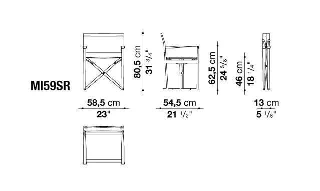 Technisches Datenblatt des B&B Italia Mirto Outdoor Klappsessels mit Abmessungen und Skizzen des Stuhls in verschiedenen Ansichten