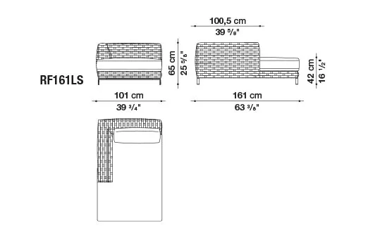 B&B Italia Ray Outdoor Chaiselongue links 161x101 cm technische Zeichnung mit Maßen und Details