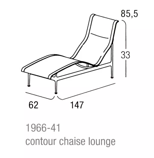 Knoll Studio 1966-41 Contour Chaise Lounge technische Zeichnung mit Maßen 85,5 cm Höhe 33 cm Sitzhöhe 62 cm Breite und 147 cm Länge