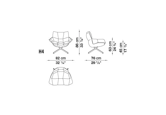 B&B Italia Husk Outdoor Loungesessel mit Armlehnen 82 cm technische Zeichnung mit Maßen in cm und Zoll.