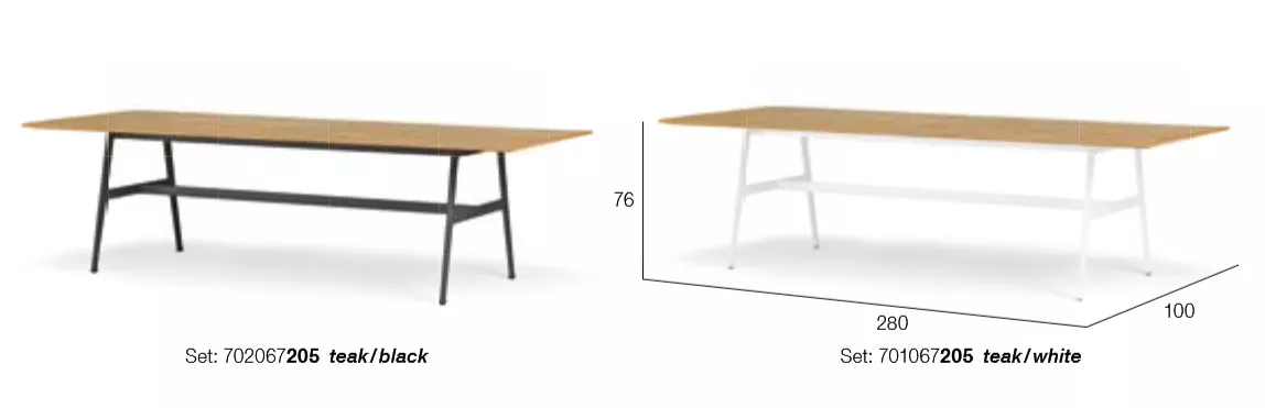 Dedon Seax Esstisch rechteckig aus Teak in den Farben Schwarz und Weiß auf weißem Hintergrund mit Abmessungen 280x100x76 cm.
