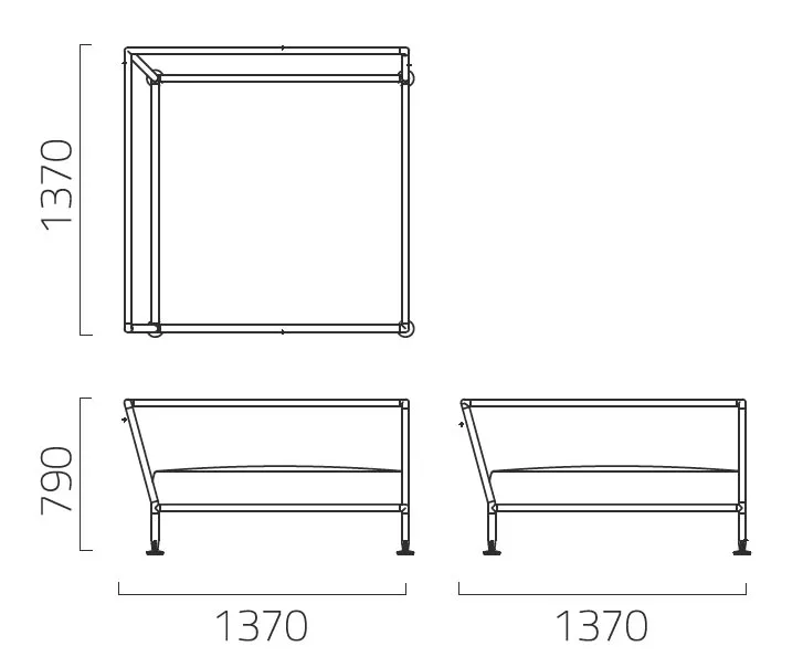 Technische Zeichnung des Coro Nest Sofa 120 cm Eckmodul von Coro Italia mit Maßen 1370x1370x790 mm