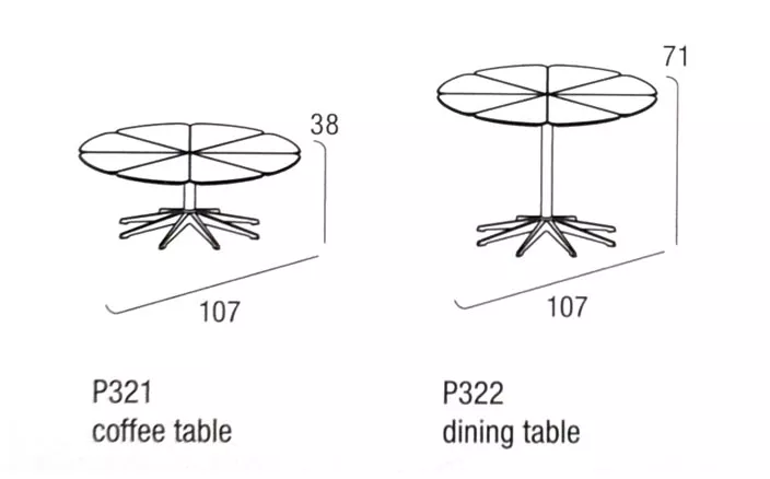 Knoll Studio Petal Beistelltisch 107 cm technische Zeichnung mit Maßen für Kaffeetisch und Esstisch