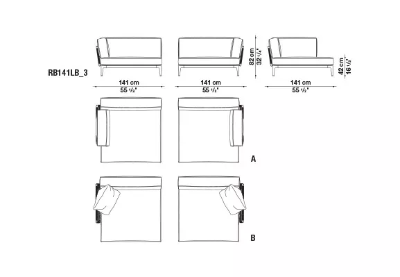 Technisches Datenblatt für B&B Italia Ribes Chaiselongue Modul links rechts 141x141 cm mit Abmessungen und Ansichten von oben und seitlich