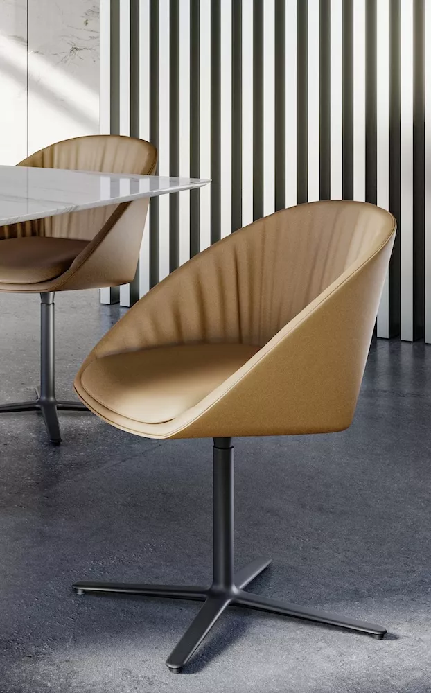 Ein moderner Draenert Dan 2043 Stuhl aus Leder steht in einem stilvollen Raum mit einem Marmortisch und vertikalen Streifen im Hintergrund.