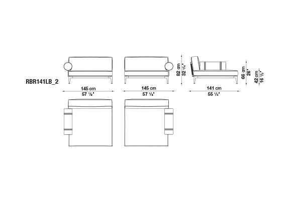 Technisches Datenblatt der B&B Italia Ribes Chaiselongue links mit den Maßen 141-145 cm in verschiedenen Ansichten und Abmessungen