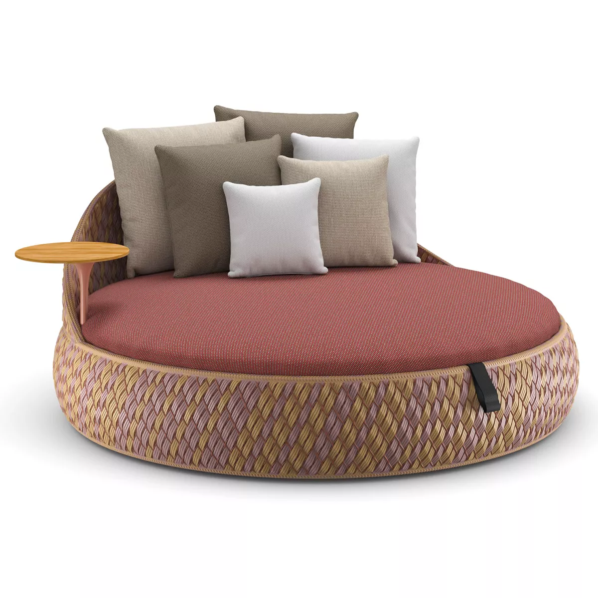 Dedon Dala Loveseat mit runden Sitzkissen und mehreren Kissen in verschiedenen Farben ohne Hintergrund