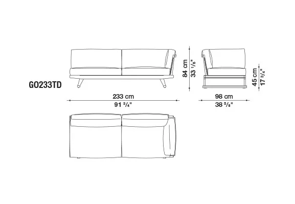 B&B Italia Gio Gartensofa Eckmodul 233 cm rechts technische Zeichnung mit Maßen und Ansichten von vorne seitlich und oben