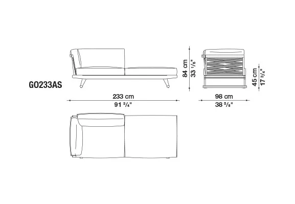 Technisches Datenblatt des B&B Italia Gio Gartensofa Eckmodul 233 cm links mit Abmessungen und Seitenansichten