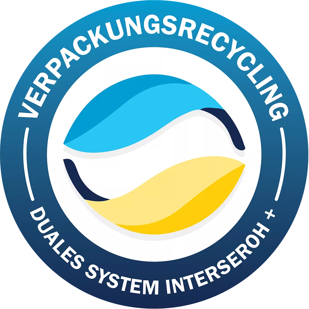 Rundes Logo des Dualen Systems Interseroh+ in Blau und Gelb auf blauem Hintergrund, symbolisiert Verpackungsrecycling.