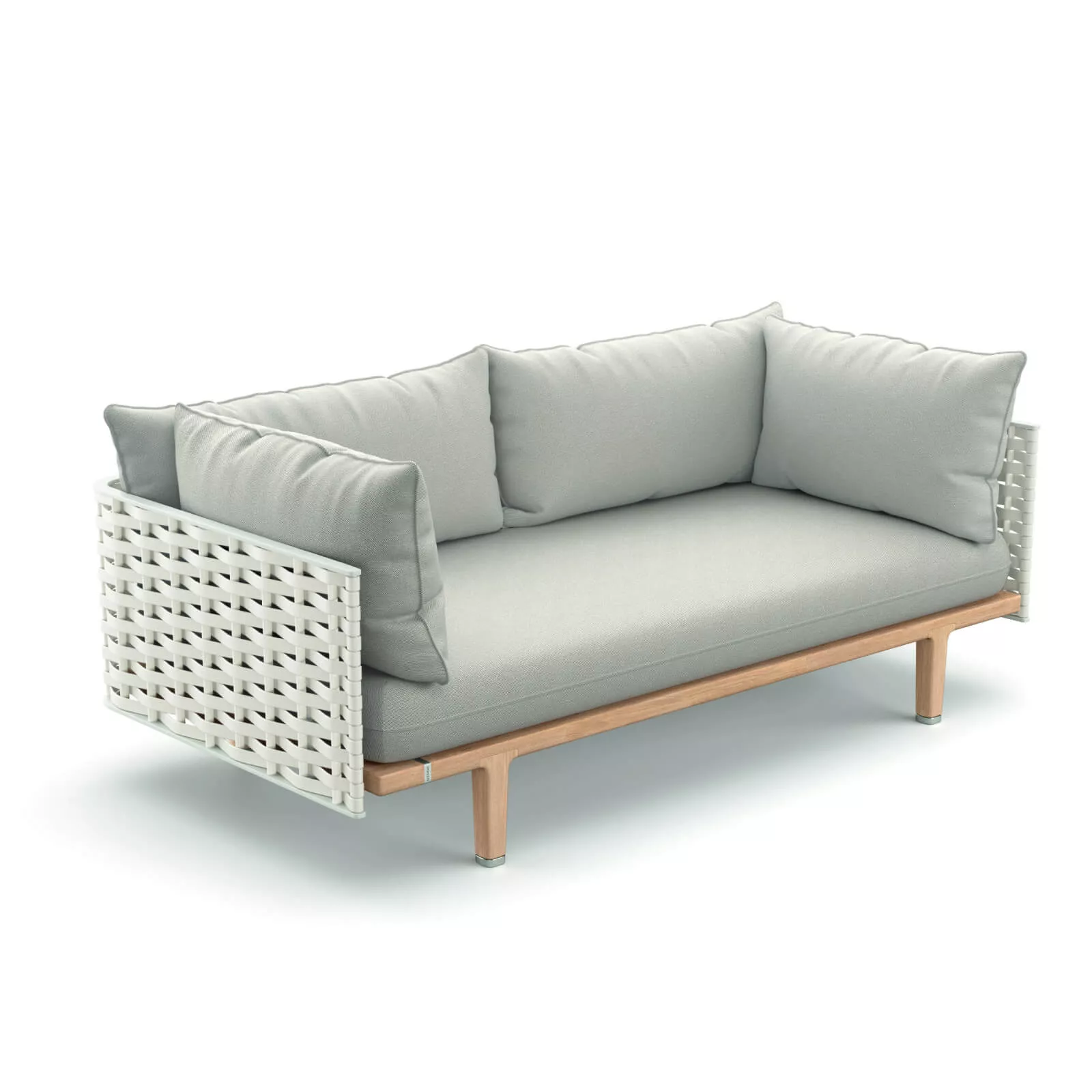 Dedon Sealine 2er Sofa in Silber mit Holzgestell und geflochtenen Seiten ohne Hintergrund
