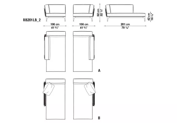 B&B Italia Ribes Chaiselongue Modul rechts links 201 cm technische Zeichnung mit Maßen und Ansichten der Chaiselongue