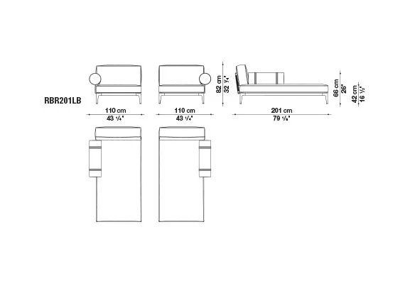 Technisches Datenblatt der B&B Italia Ribes Chaiselongue 201 cm mit Abmessungen und Ansichten von vorne seitlich und oben