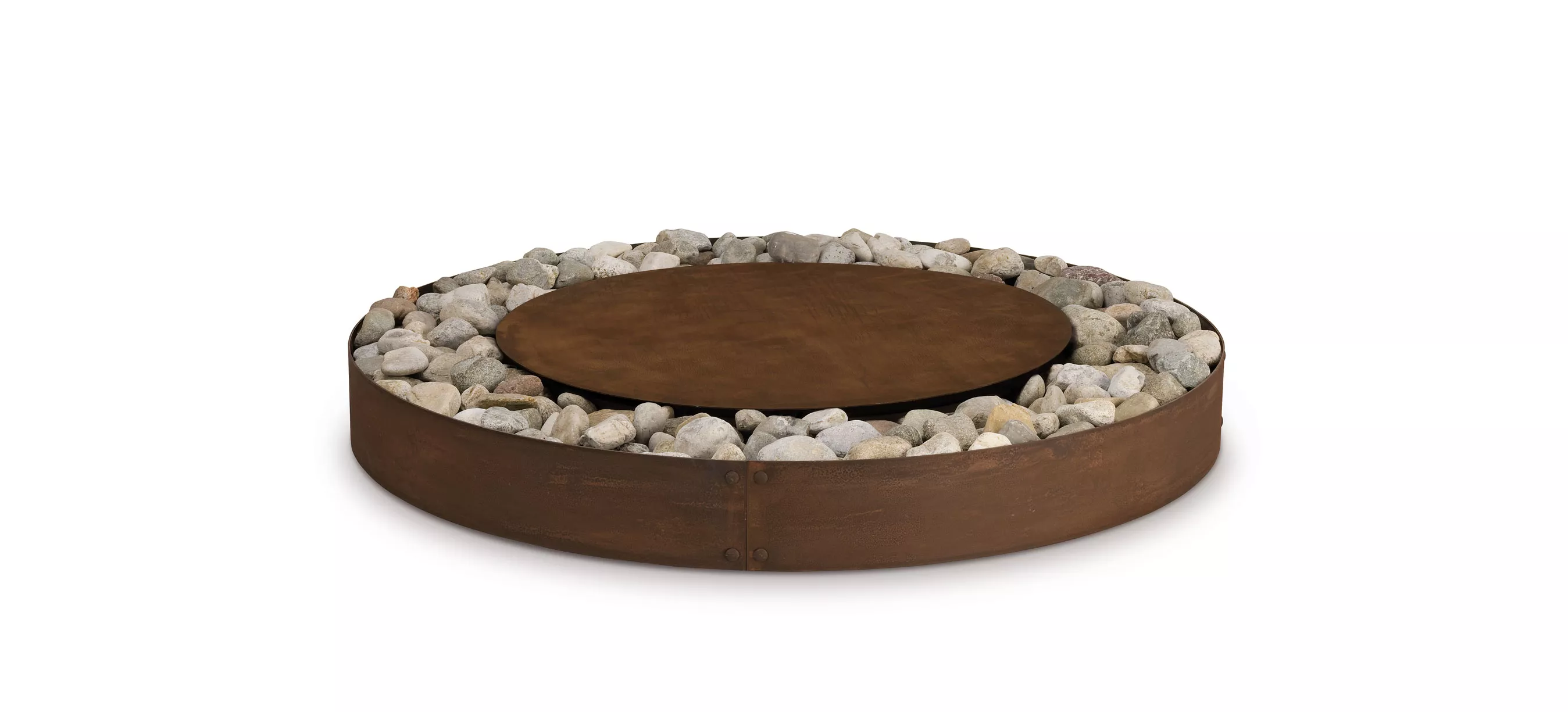 AK47 Zen Feuerstelle aus oxidiertem Stahl mit einem Durchmesser von 180 cm umgeben von Steinen ohne Hintergrund