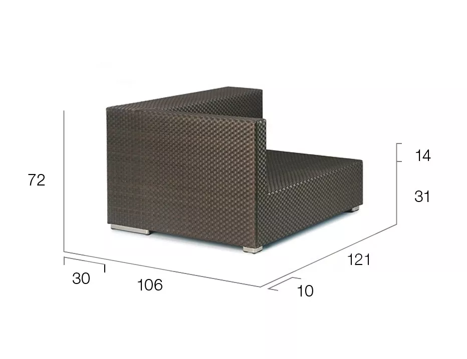 Dedon Lounge modulierbares Sofa Modul rechts in braun mit technischen Maßen 72x121x106 cm für den Außenbereich ohne Hintergrund