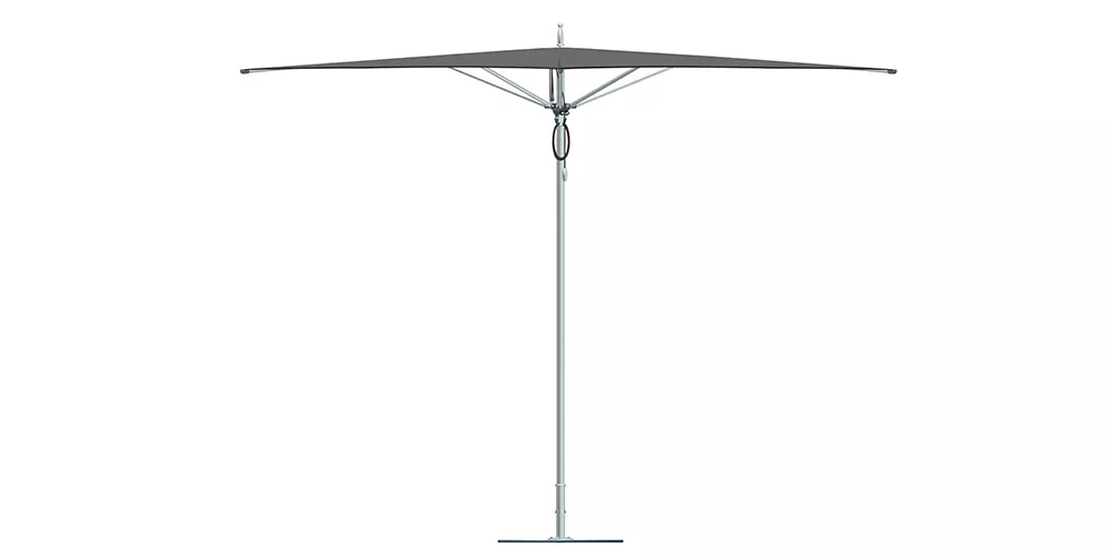 Ocean Master M1 Zero Horizon Sonnenschirm in Grau, freistehend, auf weißem Hintergrund, technische Abbildung.