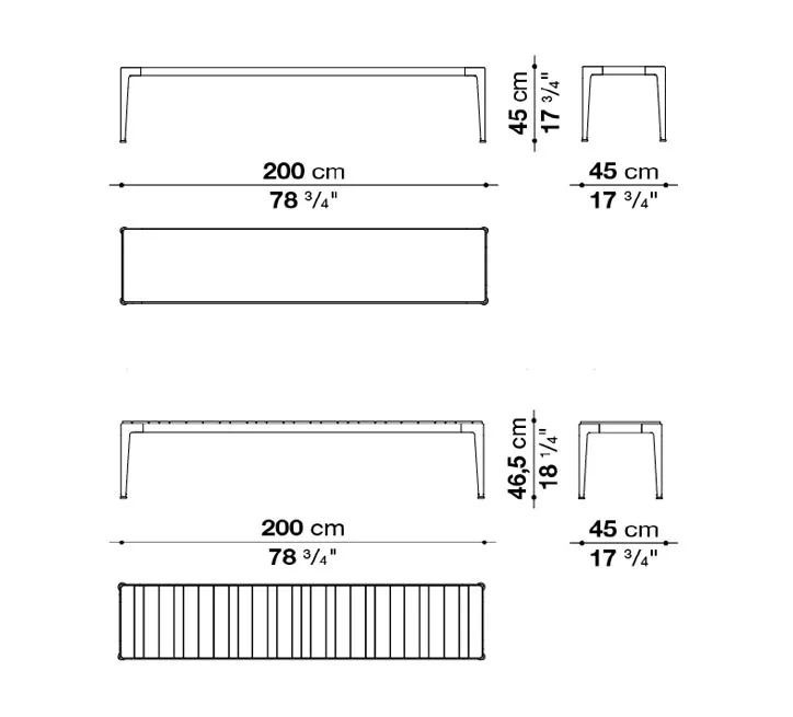 Technische Zeichnung des B&B Italia Mirto Outdoor Loungetischs 200x45 cm mit Tischplatte aus Aluminium oder Iroko und Maßen in cm und Zoll