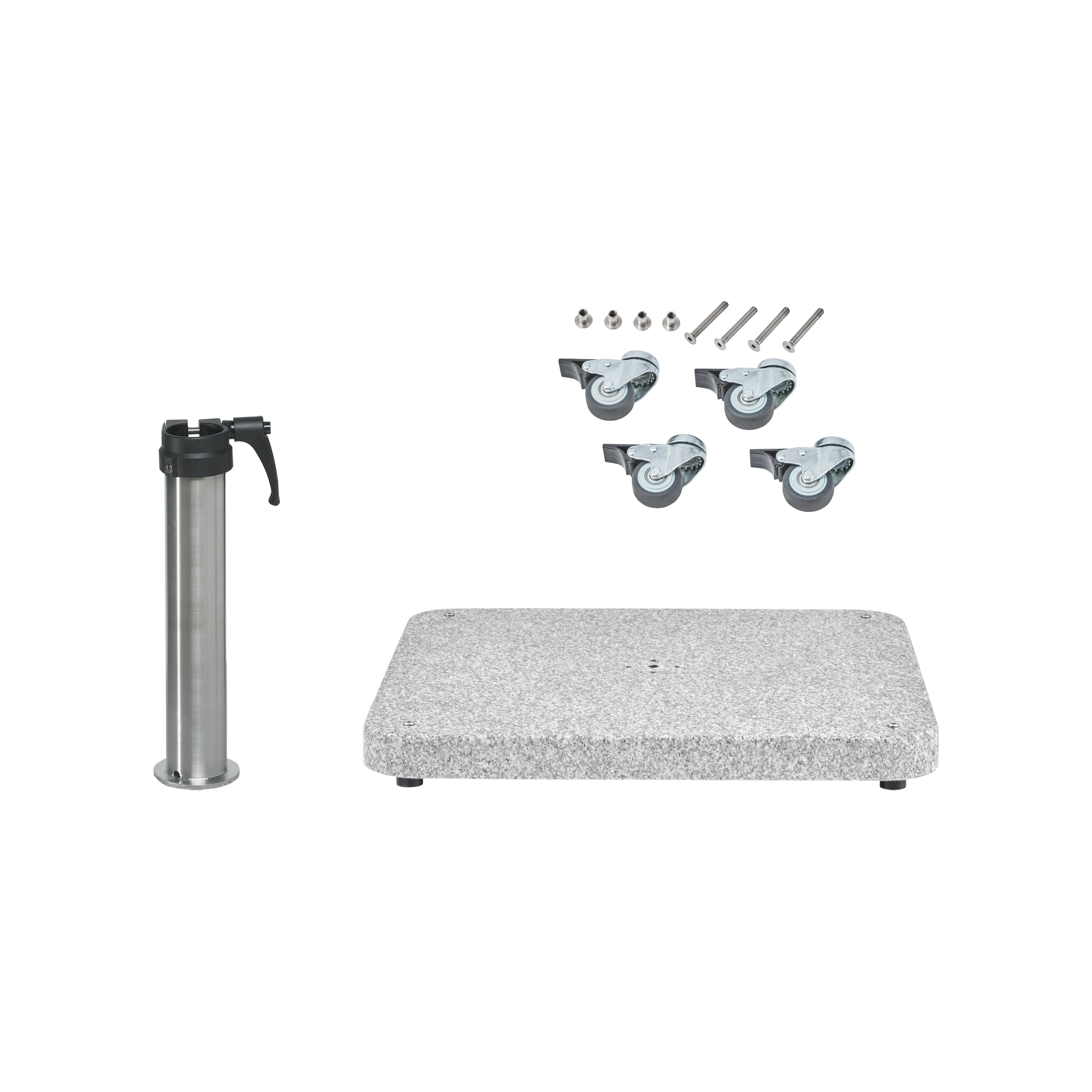 Granitsockel Z, 90kg matt, 75x75cm inkl. Standrohr Z 48/55mm Edelstahl, Rollen-Set verzinkt