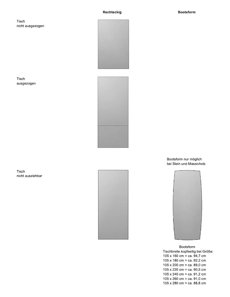 Draenert Atlas Plattenformen rechteckig und Bootform mit Maßen für Tische aus Stein und Massivholz technische Zeichnung ohne Hintergrund