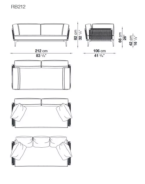 Technische Zeichnung des B&B Italia Ribes Loungesofas Gartensofas mit den Maßen 212 cm Breite 106 cm Tiefe und 82 cm Höhe.