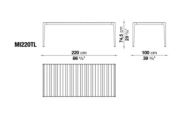 Technisches Datenblatt des B&B Italia Mirto Outdoor Esstischs mit den Maßen 220 cm Länge 100 cm Breite und 74,5 cm Höhe