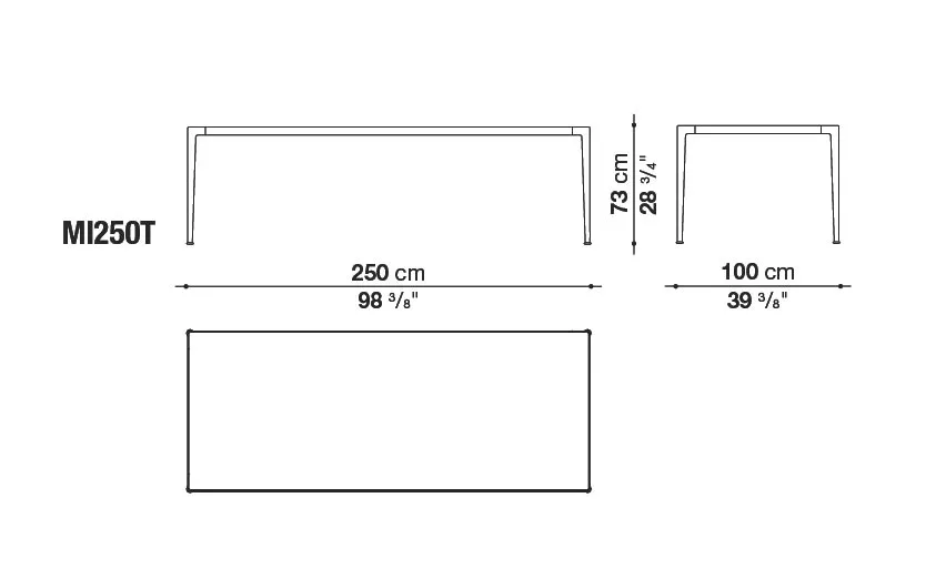 B&B Italia Mirto Outdoor Esstisch 250 cm mit Tischplatte aus Aluminium oder Iroko technische Zeichnung mit Maßen 250 cm Länge 100 cm Breite 73 cm Höhe
