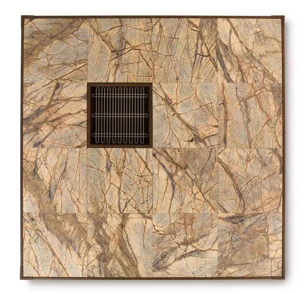 AK47 Opera Feuerstelle 200 cm quadratische Feuerstelle aus Marmorplatten mit zentralem Grillrost in einer technischen Abbildung